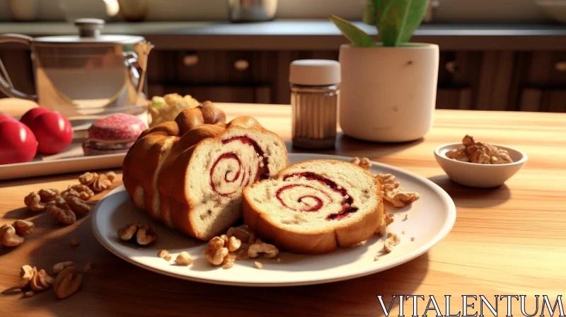 Delicious Walnut Bread with Jam Filling on White Plate AI Image