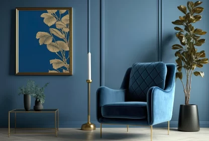 Elegant Blue Chair and Golden Vase with Captivating Paintings