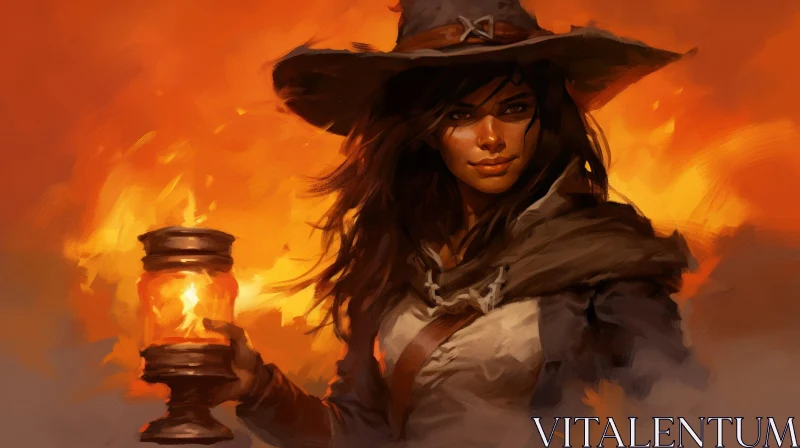 Enchanting Witch Portrait in Fiery Setting AI Image