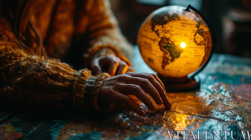 Enigmatic Photo: Hands and Globe on Wooden Table AI Image