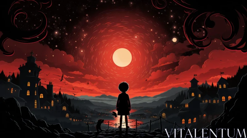 Enigmatic Red Moon Landscape with Boy in Long Coat AI Image