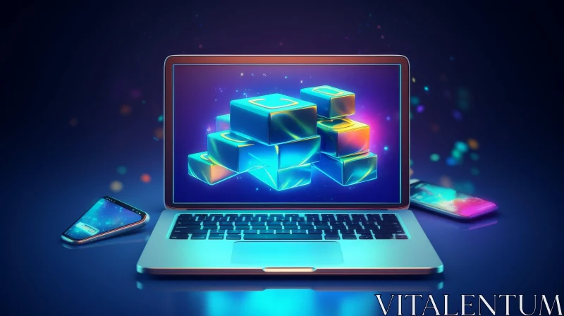 AI ART Glowing Blue & Green Laptop with Smartphones - 3D Illustration