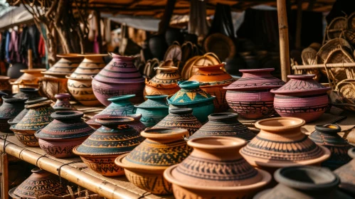 Handmade Clay Pots and Bowls on Wooden Shelf | Intricate Geometric Patterns