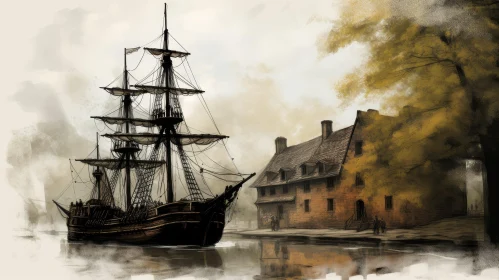 Historical Painting of Wooden Sailing Ship in Small Town