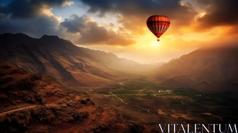 Majestic Mountain Valley with Hot Air Balloon at Sunset AI Image