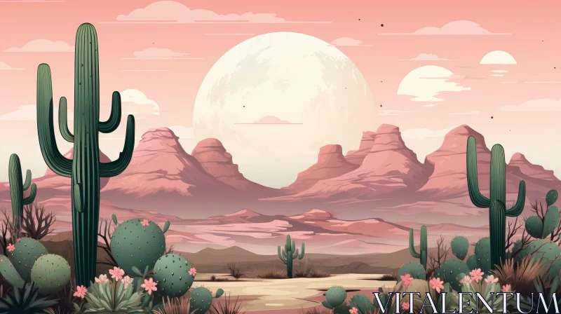 Moonlit Desert Landscape with Cacti and Mountain Range AI Image