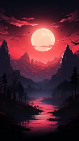 Red Moonlit Landscape - Mysterious Nature Scene