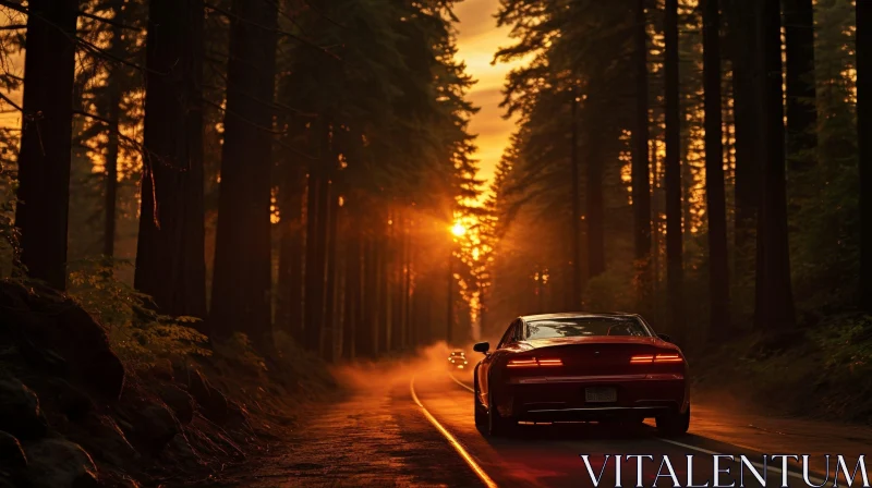 Red Sports Car Driving Through Forest at Sunset AI Image