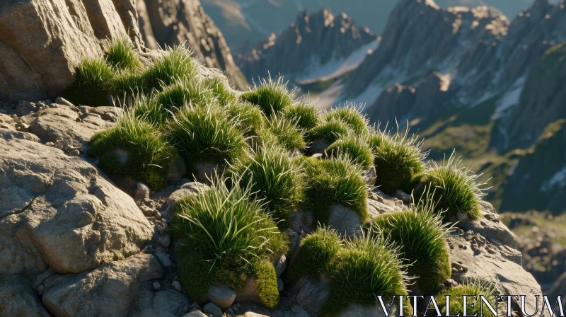 Rocky Mountainside Close-up: Moss, Grass, and Snow AI Image