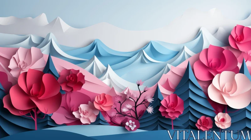 Snowy Mountain Landscape with Paper Flowers AI Image