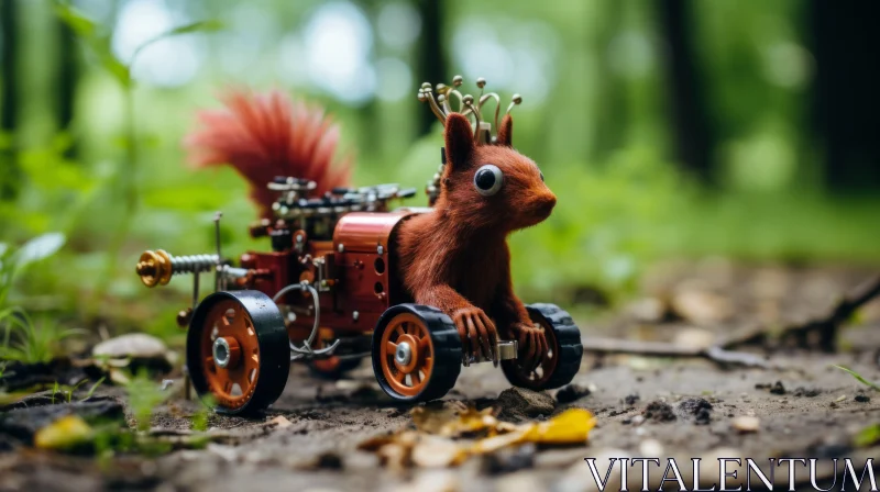 Steampunk Squirrel-Powered Toy Car in Forest AI Image