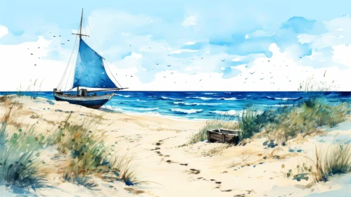 Tranquil Beach Watercolor Painting
