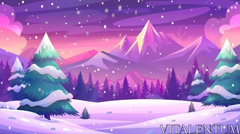 Tranquil Winter Landscape with Purple Sky and Snow AI Image