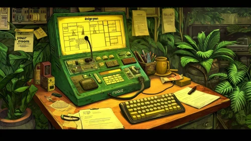 Vintage Computer in Lush Jungle | Retro Green Computer on Wooden Desk