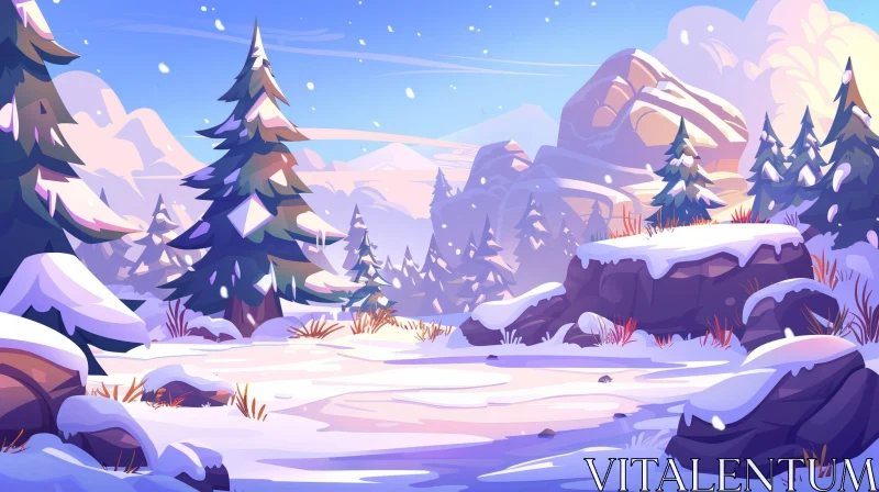 AI ART Winter Landscape with Snow-Covered Trees and Majestic Mountains