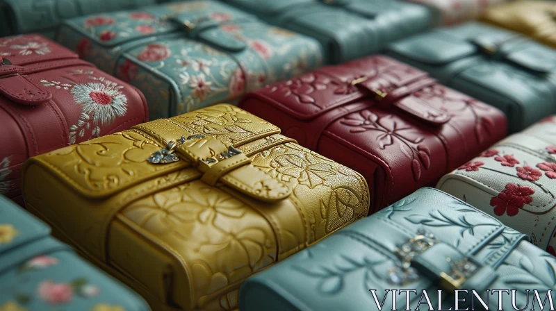 Colorful Leather Boxes with Floral Patterns - Close-Up Image AI Image