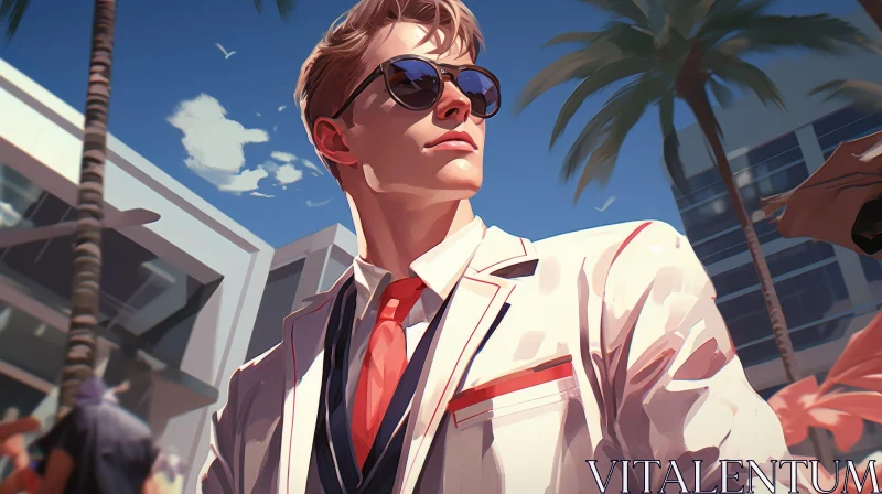Confident Young Man in White Suit and Red Tie in Tropical Setting AI Image