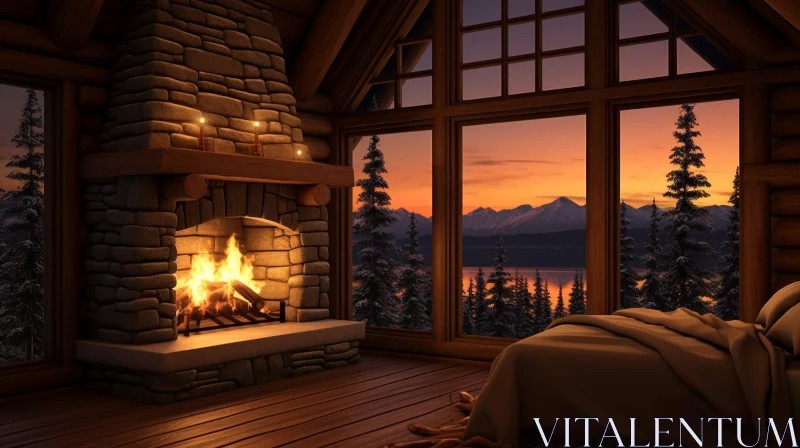 AI ART Cozy Cabin with Fireplace and Mountain View