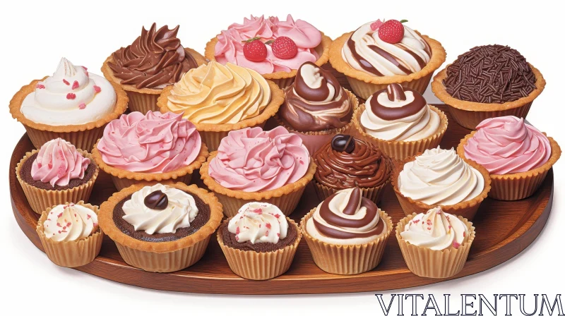 Delicious Cupcakes on Wooden Tray AI Image