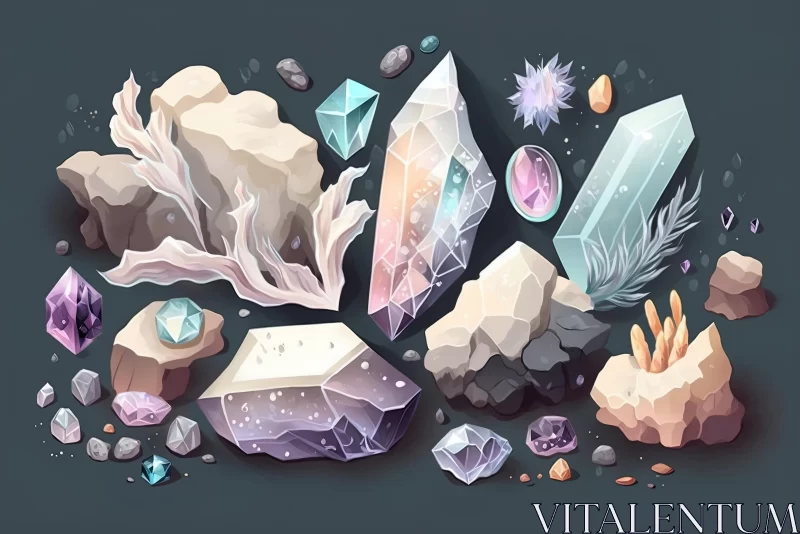 Dreamlike Rock and Crystals Illustration: Detailed Miniatures and Symbolic Props AI Image
