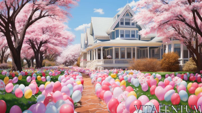 Dreamy Anime-Inspired House Amid Blossoms and Balloons AI Image