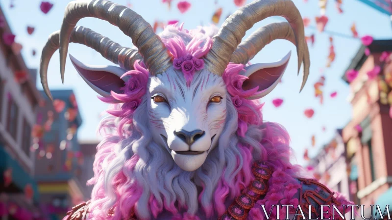 Enchanting 3D Rendering of Pink and White Goat-Like Creature AI Image