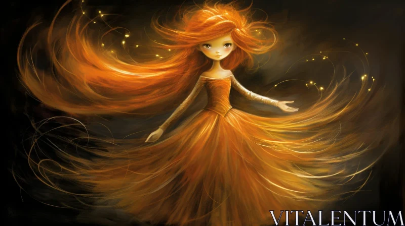 Enchanting Girl with Red Hair and Fireflies AI Image