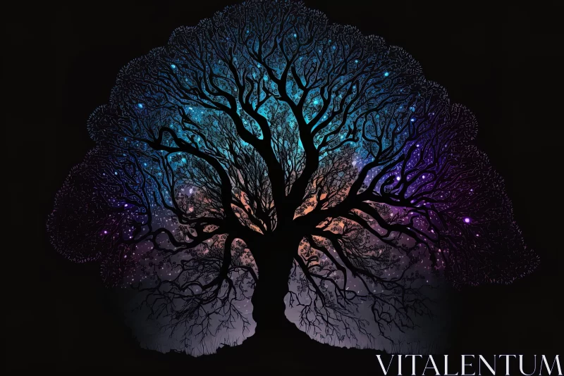 Enchanting Tree in Night Sky with Stars - Psychedelic Illustration AI Image