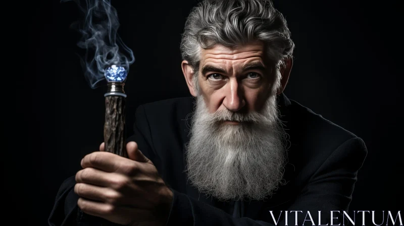 Enigmatic Portrait of a Wise Wizard with Glowing Staff AI Image