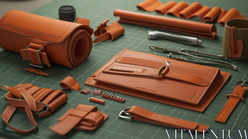 Exquisite Leatherworking Tools and Materials on Green Cutting Mat AI Image
