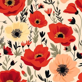 Floral Pattern with Red, Pink, and Yellow Poppies