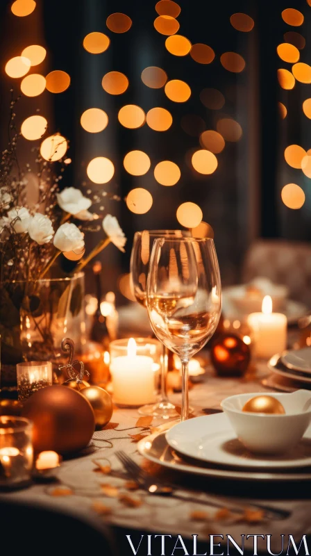 Holiday Dinner Table Setting with Golden Lights and Candles AI Image