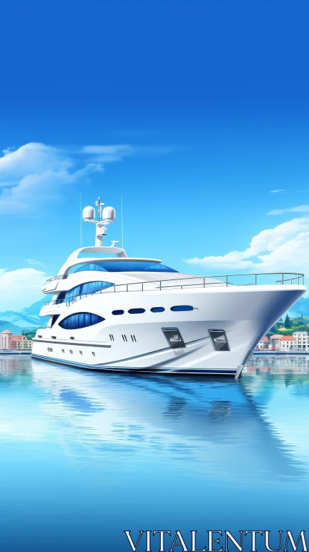 AI ART Luxury Yacht Sailing on Calm Waters with Cityscape and Mountains