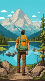 Man at Mountain Lake - Nature Cartoon Image