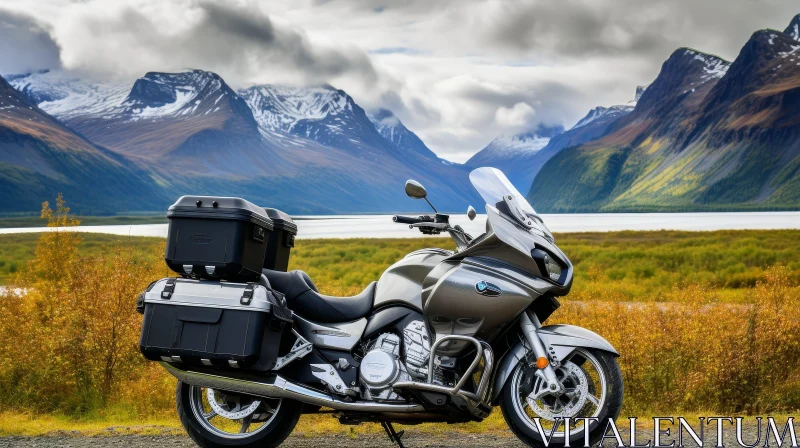 Silver and Black Motorcycle in Mountain Landscape AI Image