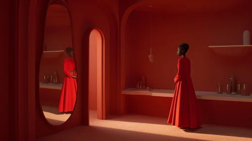 Stunning 3D Rendering of Woman in Red Room | Mirror Reflection