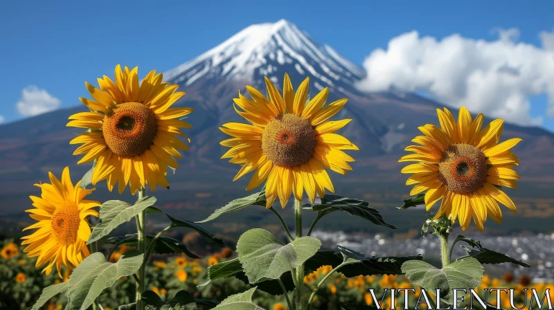 Sunflowers in Front of Mount Fuji: A Serene Natural Beauty AI Image