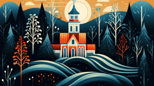White Church in Forest - Moonlit Scene