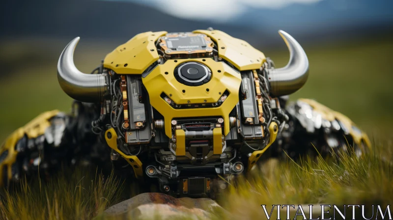 Yellow Bull Robot in Norwegian Landscape: A Mixed Media Marvel AI Image