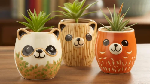 Ceramic Animal Face Pots on Wooden Table