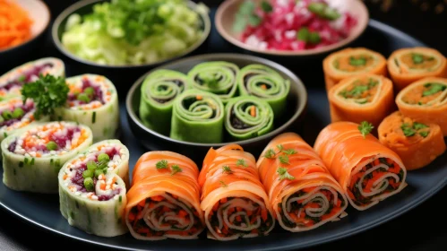 Colorful Assorted Sushi Rolls on a Black Plate