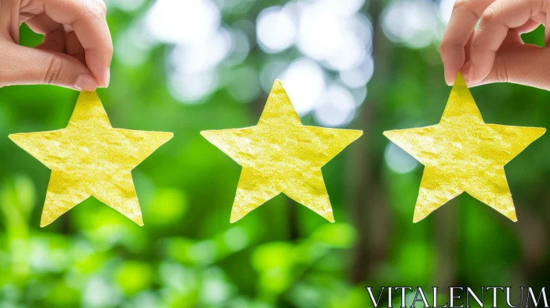 Ethereal Hand Holding Yellow Paper Stars against Blurred Green Leaves AI Image
