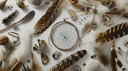 Feathers, Dreamcatcher, Shells, and Natural Objects Flat Lay on White Background