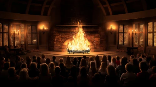 Festive Gathering around Fireplace - An American Barbizon School Influence