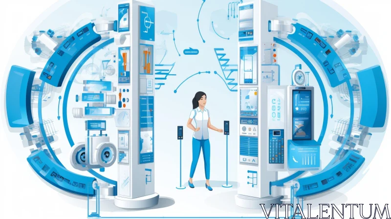 Futuristic Control Room with Woman and Data Screens AI Image