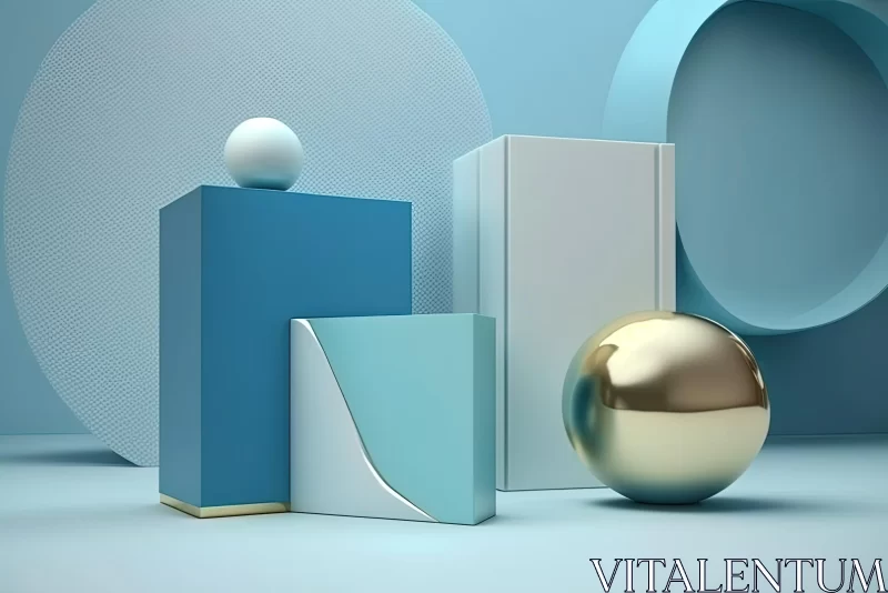 Golden Egg and Blue Boxes: Geometric Minimalist Sculptures AI Image