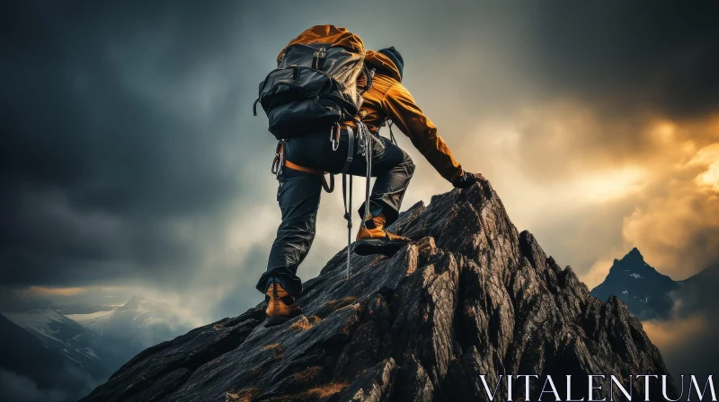 AI ART Man Climbing Steep Rock Face Under Dark Sky