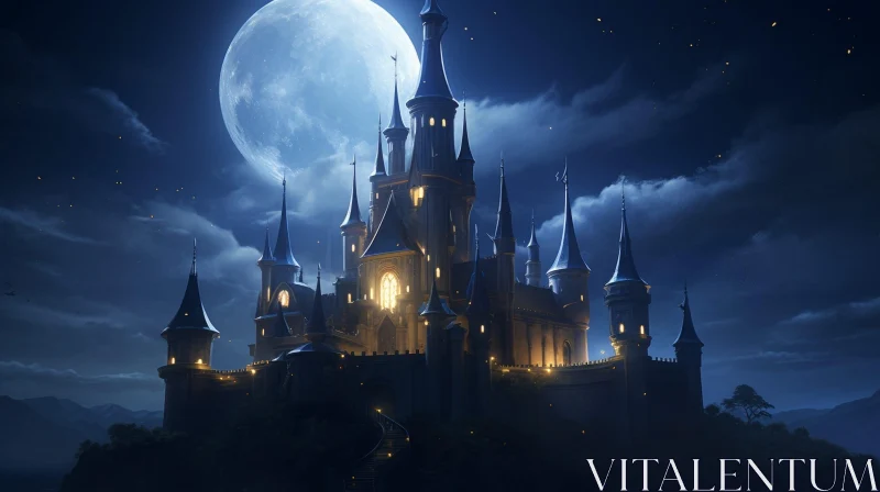 Moonlit Castle in Enigmatic Night Landscape AI Image