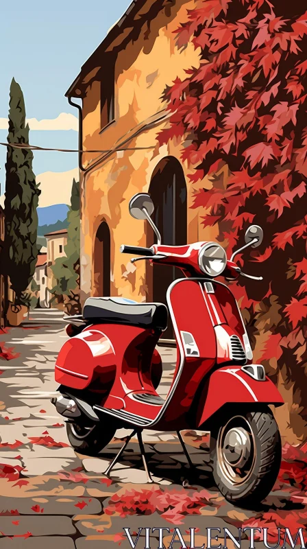 Red Vespa Scooter in Italian Town Painting AI Image