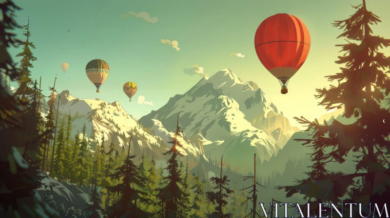 Serene Mountain Landscape with Hot Air Balloons AI Image